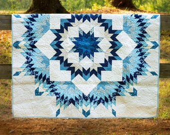 Handmade Feathered Star Quilt, Navy Teal Cream Cotton, Large Throw, Heirloom Patchwork Lap Quilt