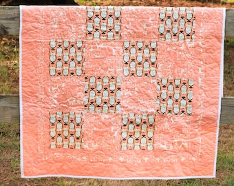 Modern Coral Owl Patchwork Quilt – Baby Quilt / Toddler / Small Throw