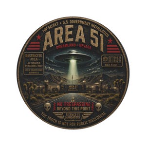Könnte beinhalten: Runder Area 51-Aufkleber mit Vintage-Design. Das Bild zeigt ein UFO, das einen Lichtstrahl auf eine Straße wirft, mit dem Text "Top Secret" und "No Trespassing Beyond This Point". Das Design umfasst Alienköpfe und eine Wüstenlandschaft.