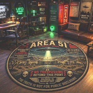 Vintage Area 51 UFO Rug, Alien Chenille Carpet, Roswell Sci Fi Decor, Classified Military Patch Style Rug, UFO Sighting Room Decor