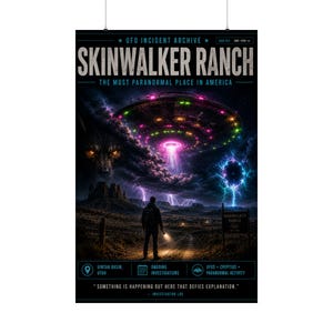 May include: A poster titled UFO Incident Archive Skinwalker Ranch The Most Paranormal Place In America. It features a person with a flashlight standing in a desert landscape under a glowing UFO, a wolf silhouette, lightning, and a blue portal.
