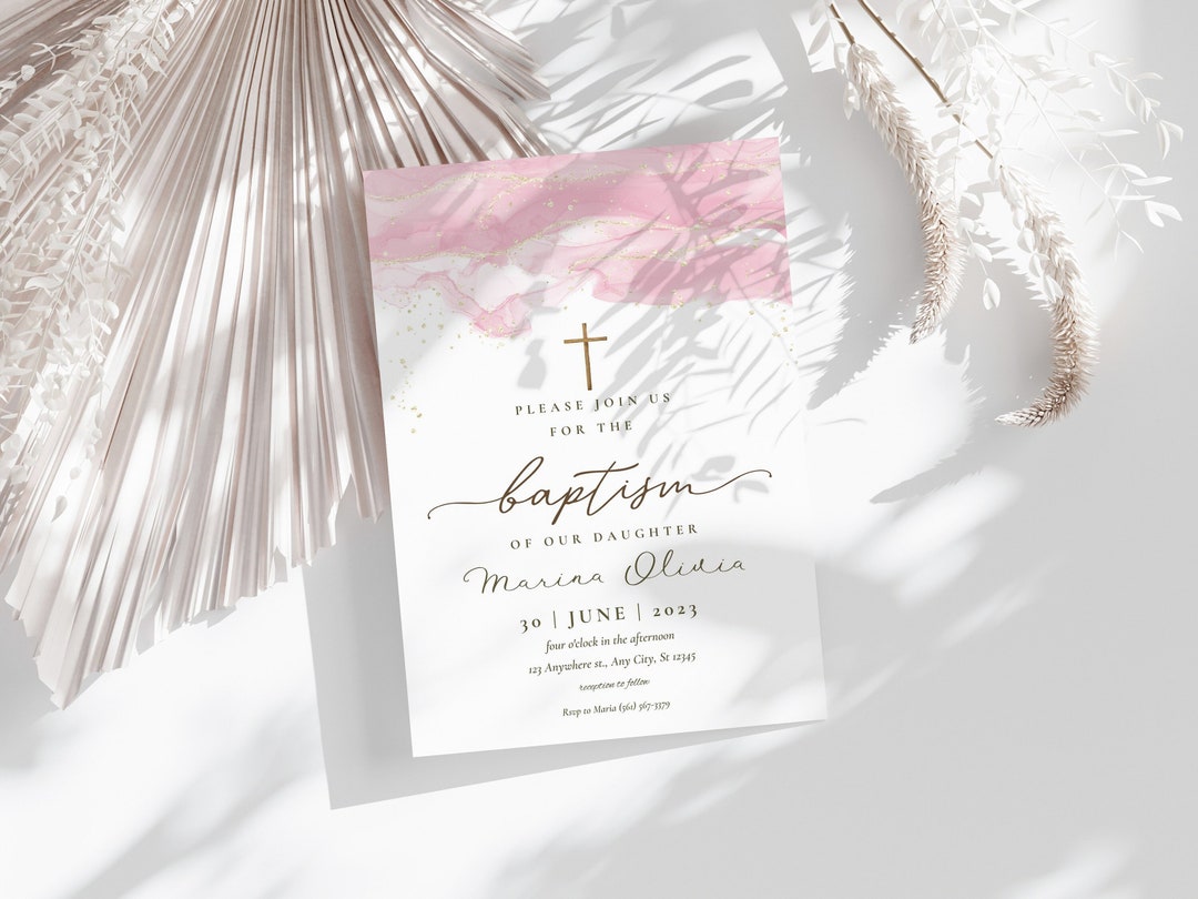 Modern Christening Invitation Baptism Invitation Template Pink