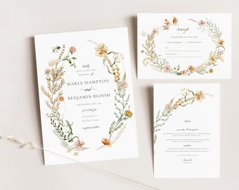 Wildflower Wedding Invitation Template | Printable Wedding Invitation | Wedding Invitation | Boho Wildflower Invitation | Floral Wreath |010