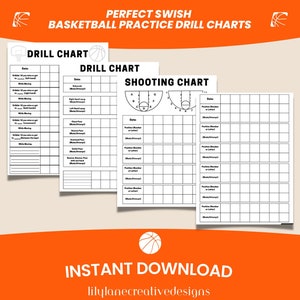 May include: Three printable basketball practice drill charts. The charts are black and white and feature a basketball court with numbered positions. The charts are titled "Drill Chart" and "Shooting Chart".