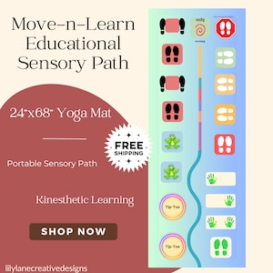 May include: A colorful yoga mat with a sensory path for children. The mat features different activities, including footprints, handprints, and a frog. The mat is 24 inches by 68 inches and is made of a soft, durable material. The text on the mat reads "Move-n-Learn Educational Sensory Path" and "Free Shipping".
