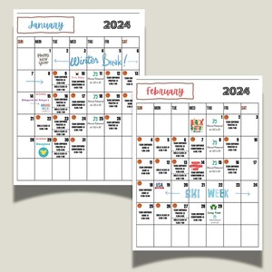 May include: A black and white calendar with the months of January and February 2024. The calendar includes events such as "Winter Break!" and "Ski Week".