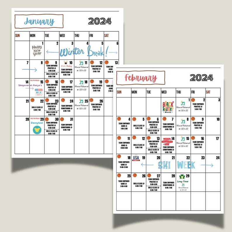 May include: A black and white calendar with the months of January and February 2024. The calendar includes events such as "Winter Break!" and "Ski Week".