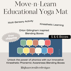 May include: A blue yoga mat with colorful squares and circles. The mat is designed to help children learn phonics through kinesthetic activities. The text on the mat reads "Move-n-Learn Educational Yoga Mat" and "Orton Gillingham inspired Blending Boxes".