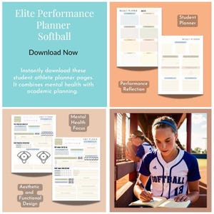May include: A digital planner designed for student athletes playing softball. The planner includes pages for weekly planning, mental health focus, and performance reflection. The planner is designed to be both aesthetic and functional.