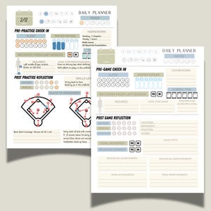 May include: Two printable daily planner pages for baseball players. The left page is for pre-practice and post-practice reflection. The right page is for pre-game and post-game reflection. Both pages include sections for sleep, water intake, homework, injuries, goals, and reflection on effort and focus.