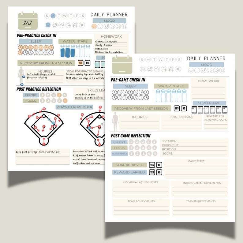 May include: Two printable daily planner pages for baseball players. The left page is for pre-practice and post-practice reflection. The right page is for pre-game and post-game reflection. Both pages include sections for sleep, water intake, homework, injuries, goals, and reflection on effort and focus.