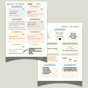 May include: A weekly planner with a light blue background and a peach colored accent. The planner includes a section for top priorities, what you are reading, and what you are grateful for. The planner also includes a section for to do items and a section for a daily routine.