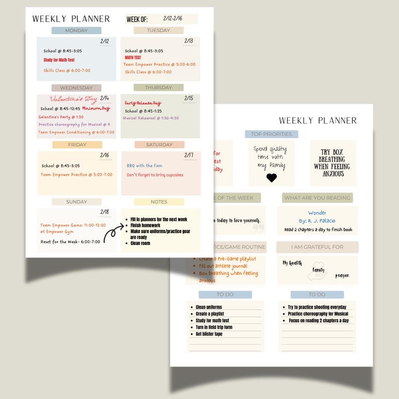 May include: A weekly planner with a light blue background and a peach colored accent. The planner includes a section for top priorities, what you are reading, and what you are grateful for. The planner also includes a section for to do items and a section for a daily routine.