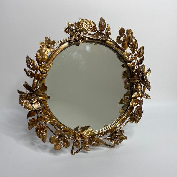 11” Vintage Style Brushed Gold Floral Vine Standing Tabletop Mirror, Flower Design Decorative Stand Alone Mirror, Gold Vanity Decoration