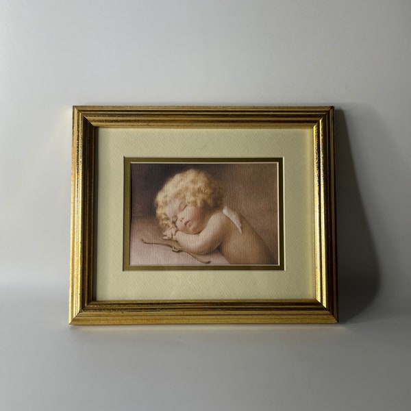 Vintage Framed Print, "Caught Napping" by Besse Pease Guttman, Antique Gold Frame Bordered Painting Print, Victorian Style Cherub Home Decor