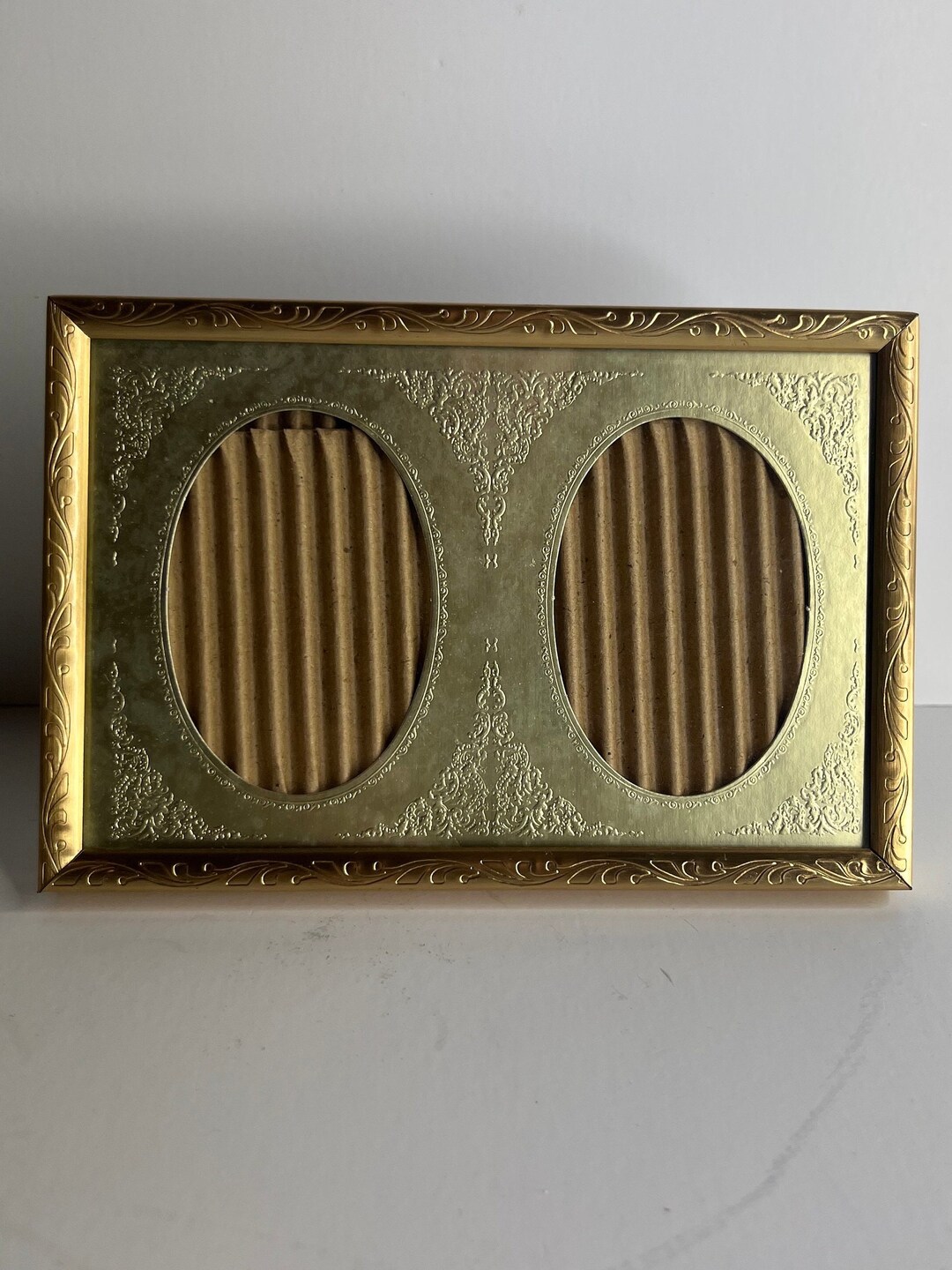 Two Wallet Size Brass Etched Photo Frame, Vintage Embossed Gold Frame