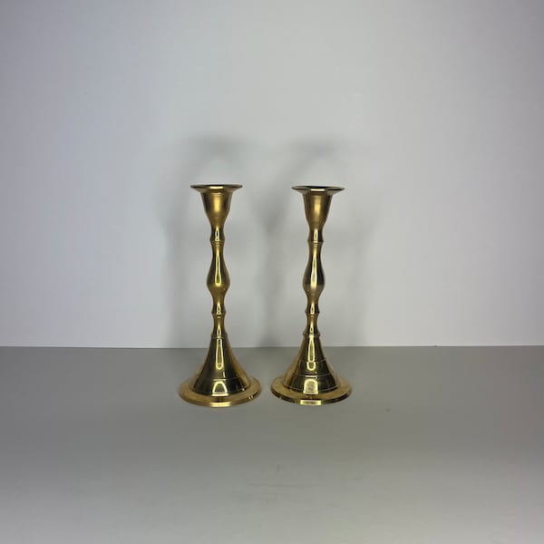 7" Pair of Polished Brass Candlestick Holders, Antique Brass Taper Candle Holders, Set of Two Vintage Metal Candlestick Holder