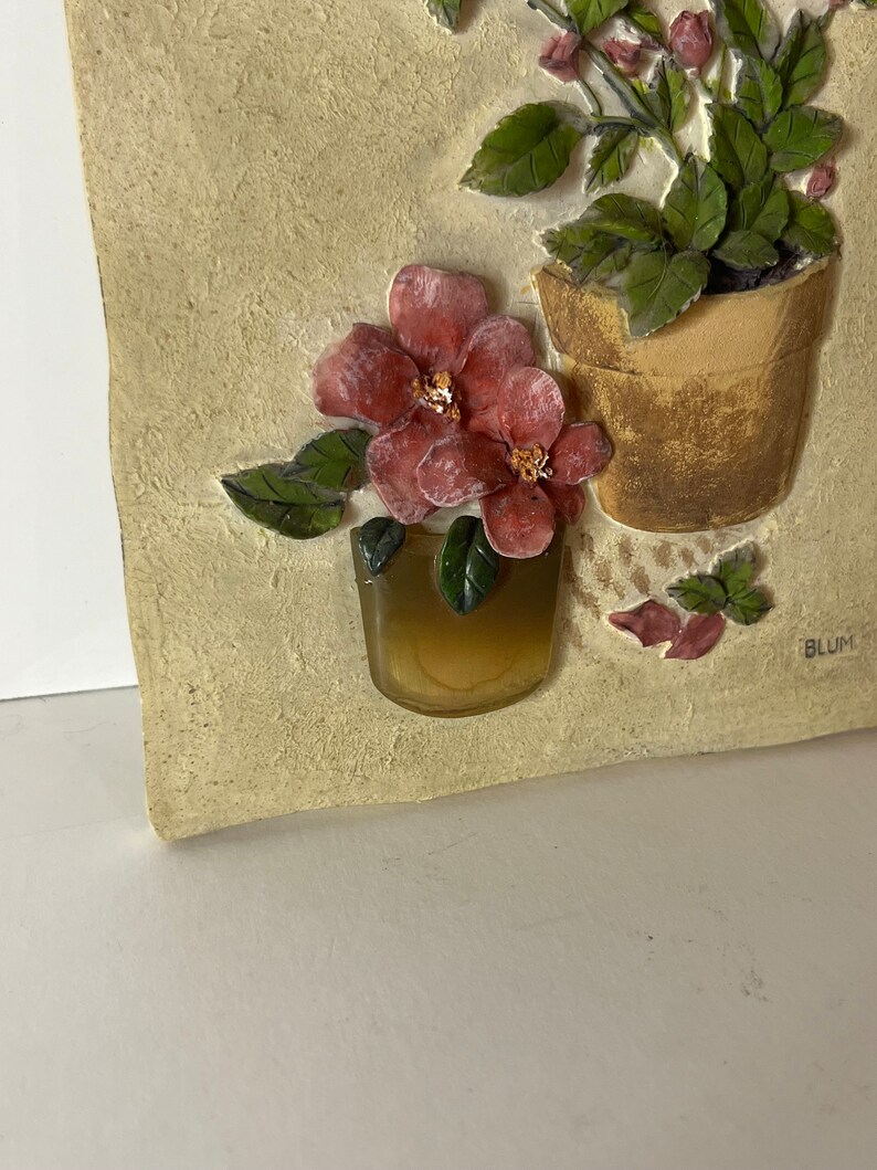 Vintage Blum Floral 3D Wall Plaque Resin Roses in Acrylic Vase, Signed