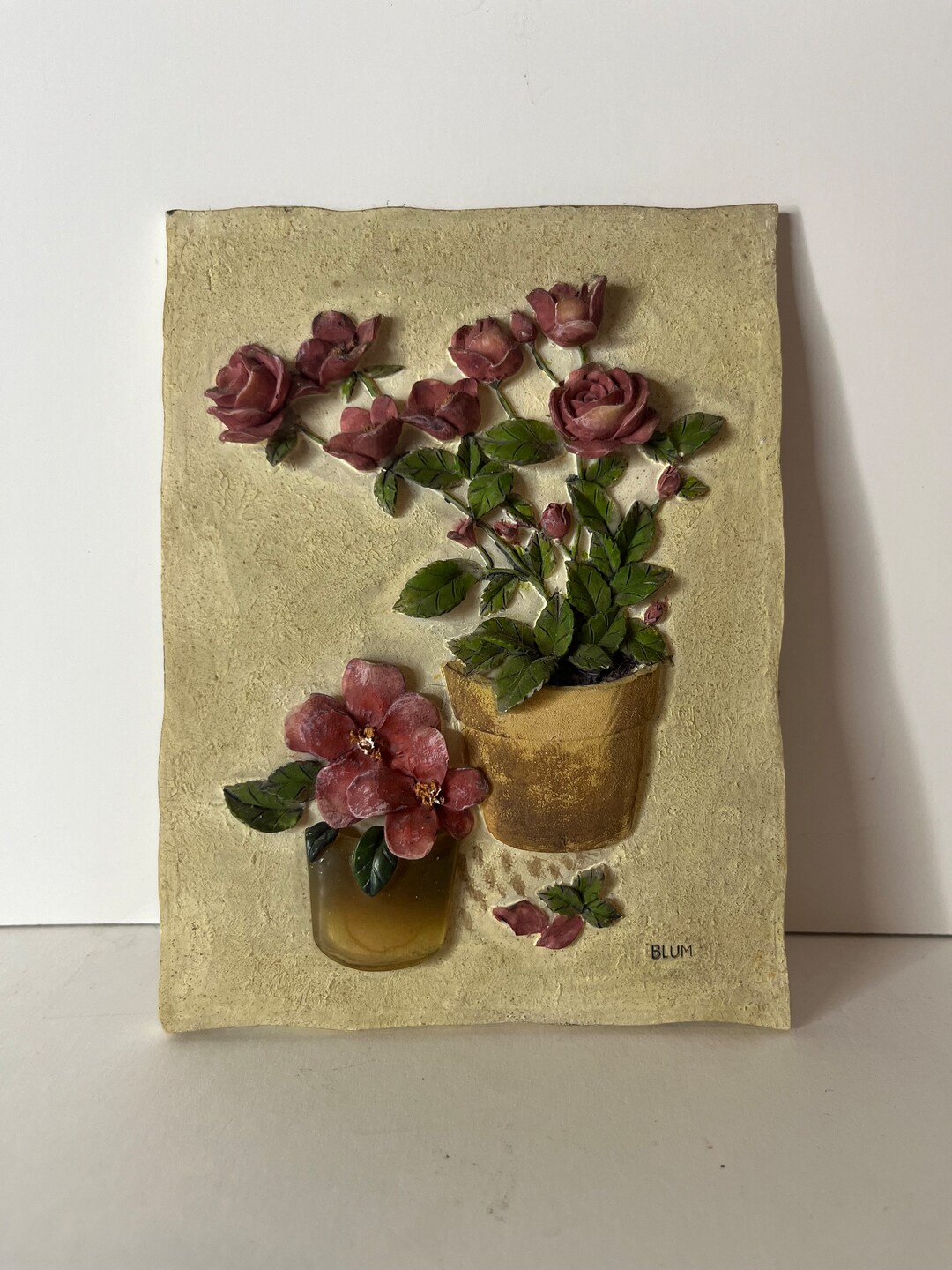 Vintage Blum Floral 3D Wall Plaque Resin Roses in Acrylic Vase, Signed