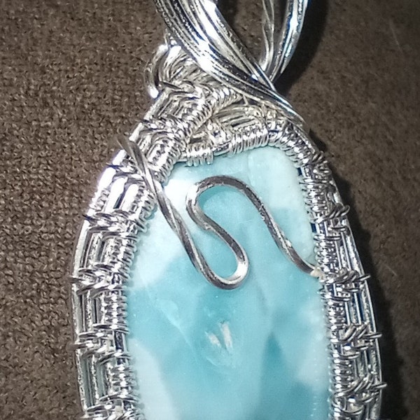 Larimar Wire Wrapped Pendant in Silver Plated Copper, Handmade Jewelry