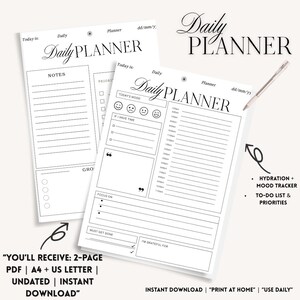 May include: Two white daily planner pages with black text. The top page has sections for notes and priorities. The bottom page includes a mood tracker, to-do list, and a section to write what you are grateful for.
