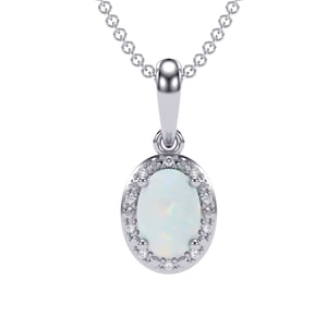 10K White Gold Opal Pendant with Natural Diamond Halo - Elegant 7x5mm Oval Opal Pendant Necklace with Chain for Women & Girls - Spring Ring