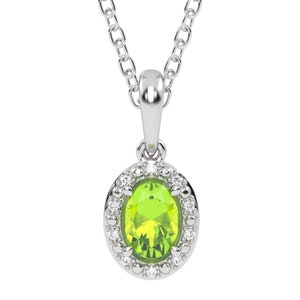 10K White Gold Peridot Pendant with Diamond Halo - Elegant 7x5mm Oval Peridot Pendant Necklace with Chain for Women & Girls - Spring Ring