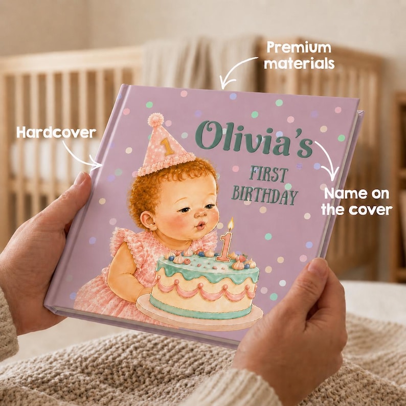 May include: A hardcover book with a light purple cover featuring a pattern of colorful dots. The cover displays an illustration of a child in a party hat blowing out a candle on a cake, with the text Olivia's FIRST BIRTHDAY printed in dark green.