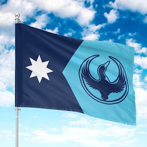 May include: A flag with a dark blue field and a light blue diamond shape. The dark blue section features a white eight-pointed star. The light blue section displays a dark blue bird emblem within a circle. The flag is mounted on a silver pole against a blue sky.