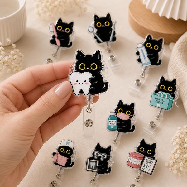 Kawaii svart katt tandläkare namnskyltsrulle, tandläkarteam namnskyltsrulle, tandsköterskepresent, tandhygienist utdragbar ID-hållare
