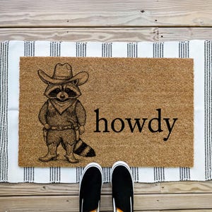 Howdy Raccoon Door Mat, Funny Welcome House Doormat, Sarcastic Door Rug, Unique Housewarming Gift, Wedding Gifts, New House Decor