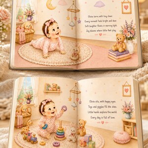 May include: A children's storybook open to two pages featuring illustrations of a baby in a pink floral outfit. The text reads: Olivia turns with tiny cheer. Every moment feels bright and dear. Soft laughter floats in morning light. Joy blooms where little feet play. Olivia sits, with happy eyes. Toys and giggles fill the skies. Little hands explore the world. Every day is full of love.