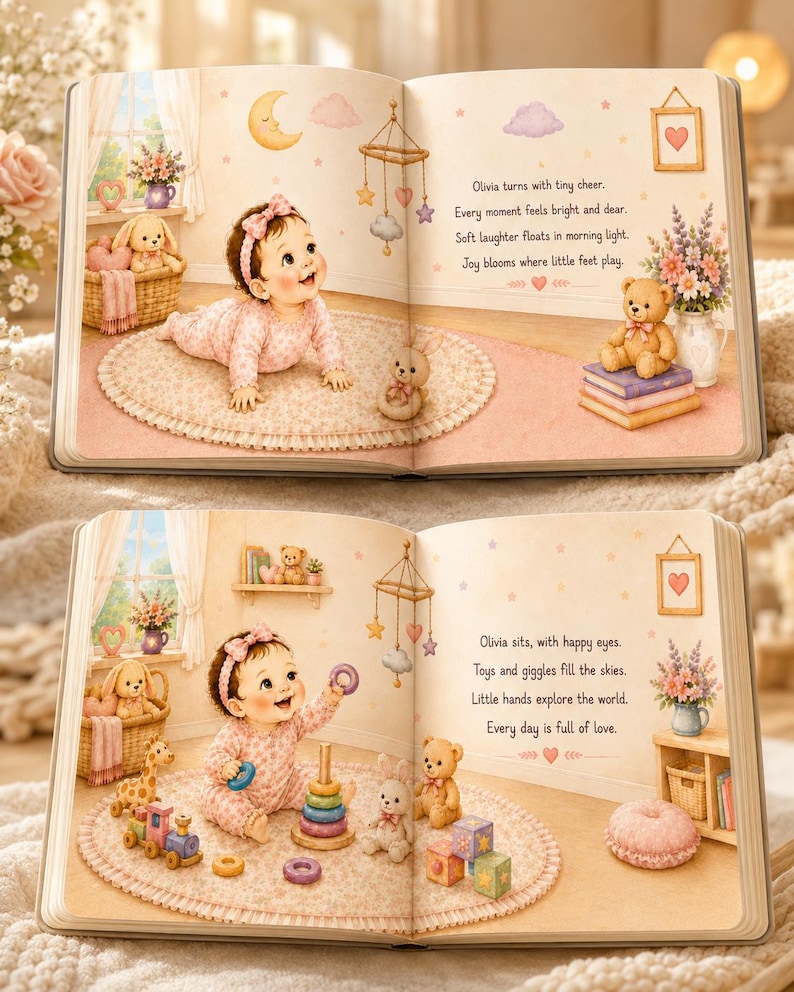 May include: A children's storybook open to two pages featuring illustrations of a baby in a pink floral outfit. The text reads: Olivia turns with tiny cheer. Every moment feels bright and dear. Soft laughter floats in morning light. Joy blooms where little feet play. Olivia sits, with happy eyes. Toys and giggles fill the skies. Little hands explore the world. Every day is full of love.