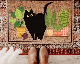 Black Cat Welcome Doormat with Plants | Cute Cat Door Mat | Indoor Outdoor Coir Mat | Cat Lover Entryway Rug | Housewarming Gift