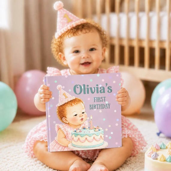 Personalized First Birthday Book, Custom Baby Girl Name Story Book, 1st Birthday Keepsake Gift, Baby Birthday Book