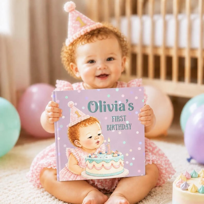 May include: A square hardcover book with a light purple cover featuring a cartoon illustration of a baby wearing a pink party hat and blowing out a candle on a birthday cake. The text reads Olivia's First Birthday in dark teal lettering.