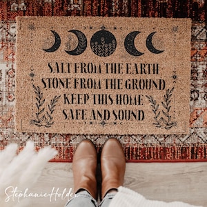 Witchy Protection Spell Doormat, Salt and Stone Home Blessing Doormat, Boho Moon Phase Doormat, Spiritual Front Porch Entry Rug Doormat