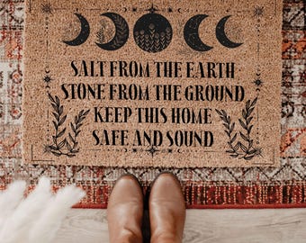 Witchy Protection Spell Doormat, Salt and Stone Home Blessing Doormat, Boho Moon Phase Doormat, Spiritual Front Porch Entry Rug Doormat