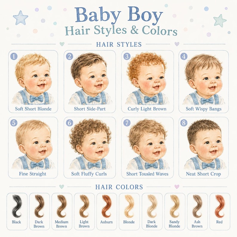 May include: A chart titled Baby Boy Hair Styles & Colors featuring eight numbered illustrations of infants with various hairstyles, including soft blonde, curly light brown, and short crops, plus eleven swatches of hair colors from black to red.