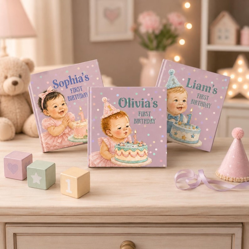 May include: Three square books with lavender covers featuring illustrations of babies in party hats with birthday cakes. The books are personalized with the names Sophia, Olivia, and Liam, each followed by the text First Birthday. Pastel blocks and a party hat are arranged in front.