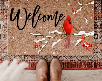 Cardinal Welcome Doormat, Winter Bird Entry Rug with Snow Branches, Seasonal Coir Door Mat, Holiday Housewarming Gift, Christmas Doormat