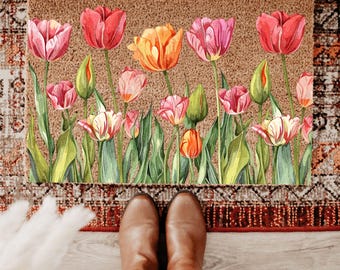 Colorful Tulip Front Doormat, Flower Doormat, Simple Spring Floral Welcome Mat, Cute Outdoor Spring Porch Decor, Housewarming Gift