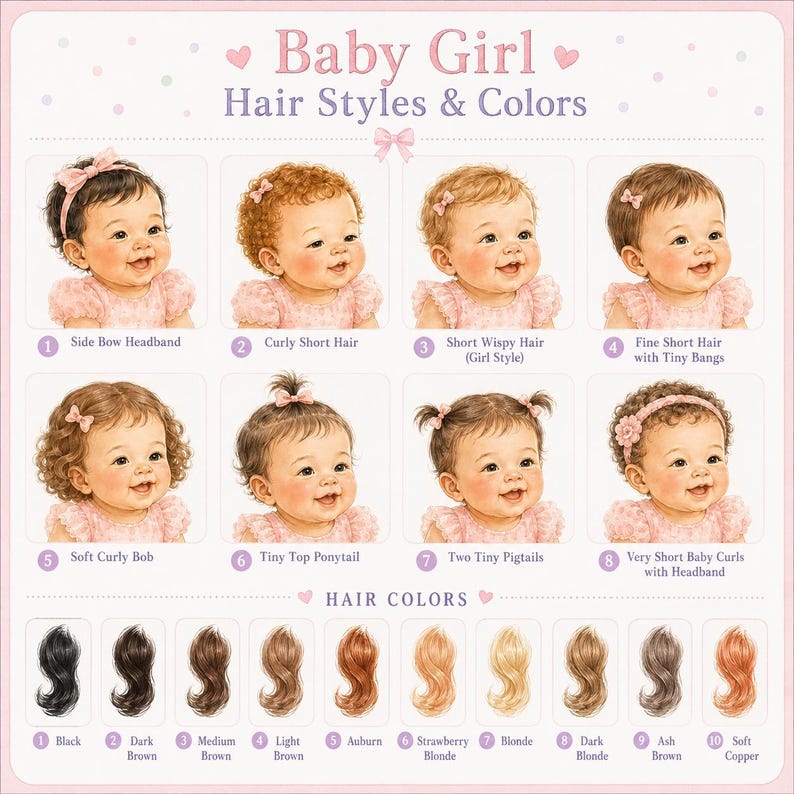 May include: An informational chart titled Baby Girl Hair Styles & Colors displaying eight illustrations of infants with various hairstyles and ten swatches of hair colors ranging from black to soft copper, labeled with descriptive text for each style.