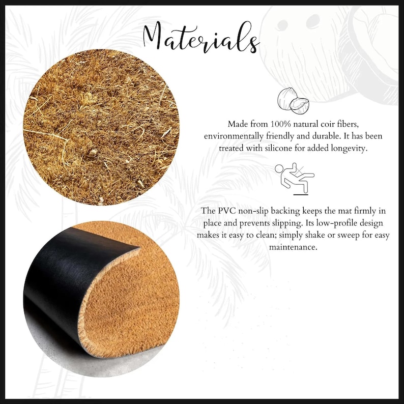 May include: Image detailing the materials of a doormat. The text reads "Materials". The doormat is made from natural coir fibres and has a PVC non-slip backing. The doormat is environmentally friendly and durable.