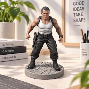 May include: A muscular action figure wearing a white tank top, black tactical pants with a holster, and black boots. The figure stands on a circular, textured gray base. It has a stern facial expression and is posed with clenched fists.