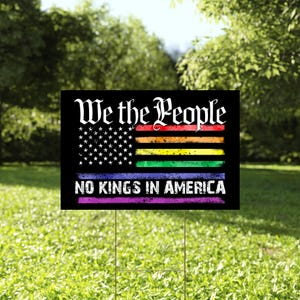 Bandiera "No Kings in America", cartello "Resisti al fascismo", dichiarazione politica anti-Trump, giustizia sociale, attivista, l'odio non ha casa qui, protesta