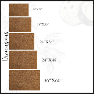 May include: A display of brown rectangular doormats in various sizes. The dimensions are listed as 40.6cm x 61cm, 45.7cm x 76.2cm, 61cm x 91.4cm, 61cm x 122cm, and 91.4cm x 152.4cm. The word "Dimensions" is written vertically.