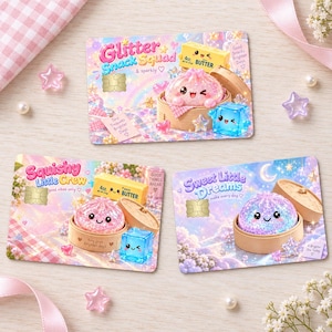 May include: Three rectangular payment cards featuring colorful, whimsical illustrations of anthropomorphic food items like glittery pink dumplings in bamboo steamers, yellow butter sticks labeled 4oz, and blue ice cubes with cute faces.