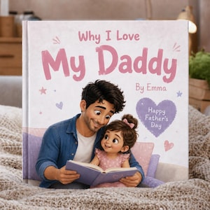 Könnte beinhalten: Ein Kinderbuch mit dem Titel "Why I Love My Daddy" zeigt eine Illustration von Vater und Kind beim gemeinsamen Lesen. Das Cover hat rosa und lila Text und ein Herz mit der Aufschrift "Happy Father's Day".