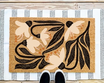 Zerbino floreale astratto vintage, zerbino di benvenuto moderno con fiori colorati, tappeto d'ingresso botanico, arredamento artistico per la casa, regalo ispirato alla natura per lei